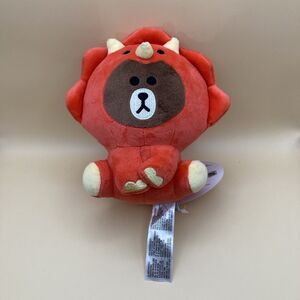 LINE FRIENDS Jungle Brown Teddy Bear in Red Dinosaur Costume 14" Plush NWT